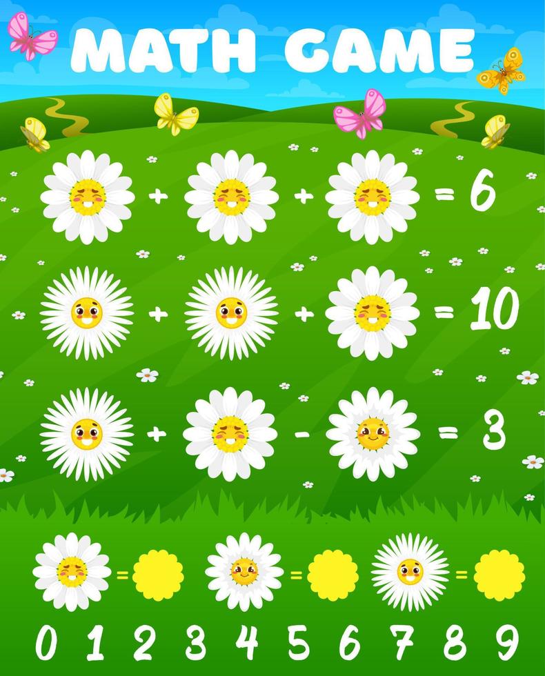 Camomile smile daisy flowers math game worksheet vector