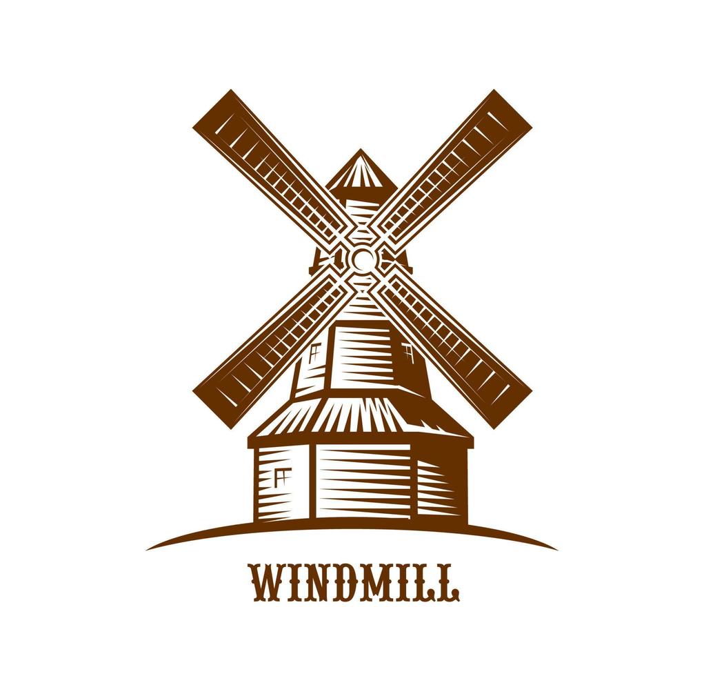 molino icono, vector granja viento molino, madera torre