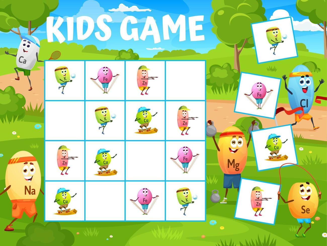 Sudoku kids game with cartoon vitamin sportsman vector