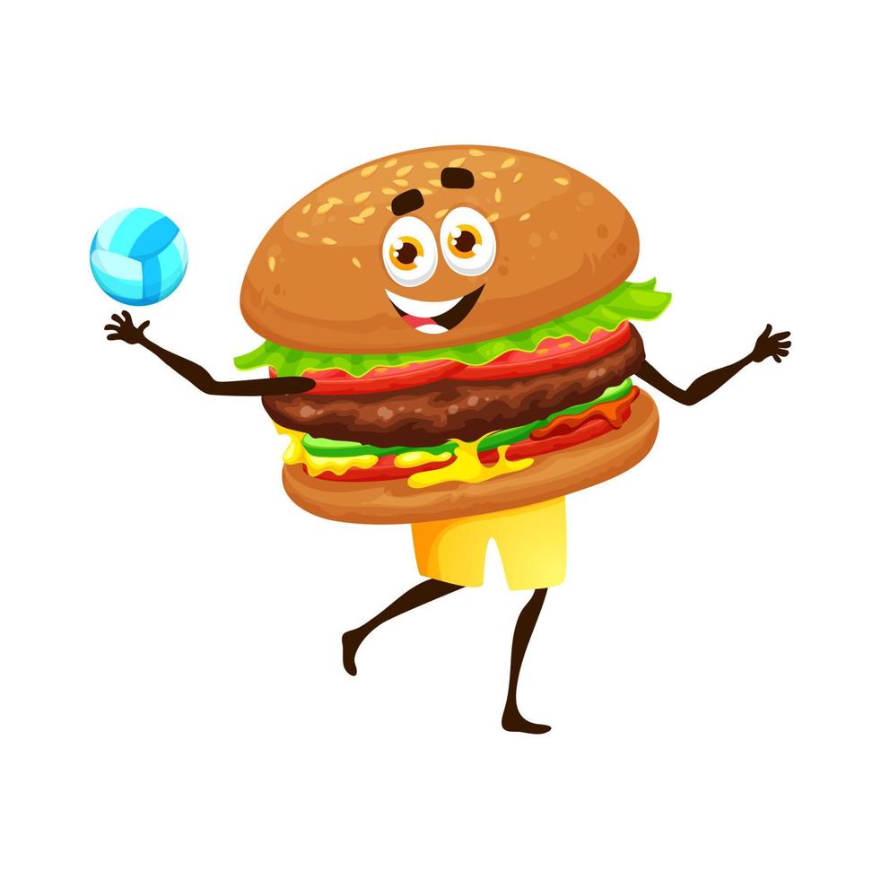 Cartoon hamburger character, playing volleyball vector