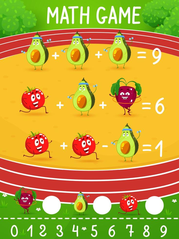 Math game worksheet cartoon avocado, tomato, beet vector