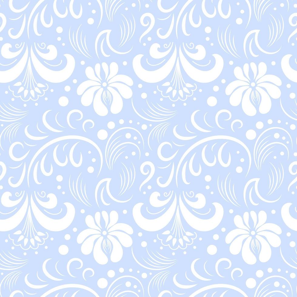 Pattern in Russian style Gzhel. Traditional botanical folk drawing. White on blue. Vintage illustration for wallpaper, printing on fabric, wrapping, background. vector