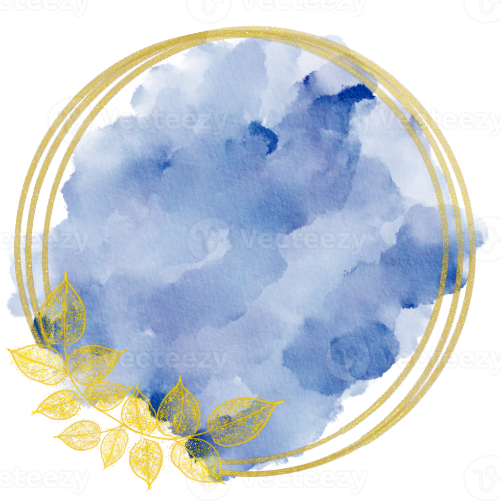 Circle Gold Leaf Frame Wreath With Navy Blue Watercolor Background  Design, Holiday Bokeh png