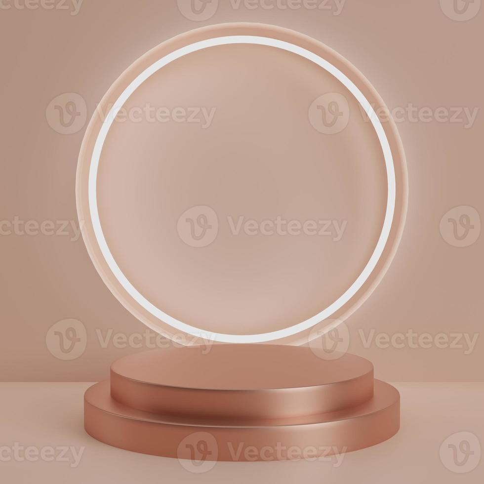 3d render luxury round podium with circle light glowing on rose gold background for product presentation photo