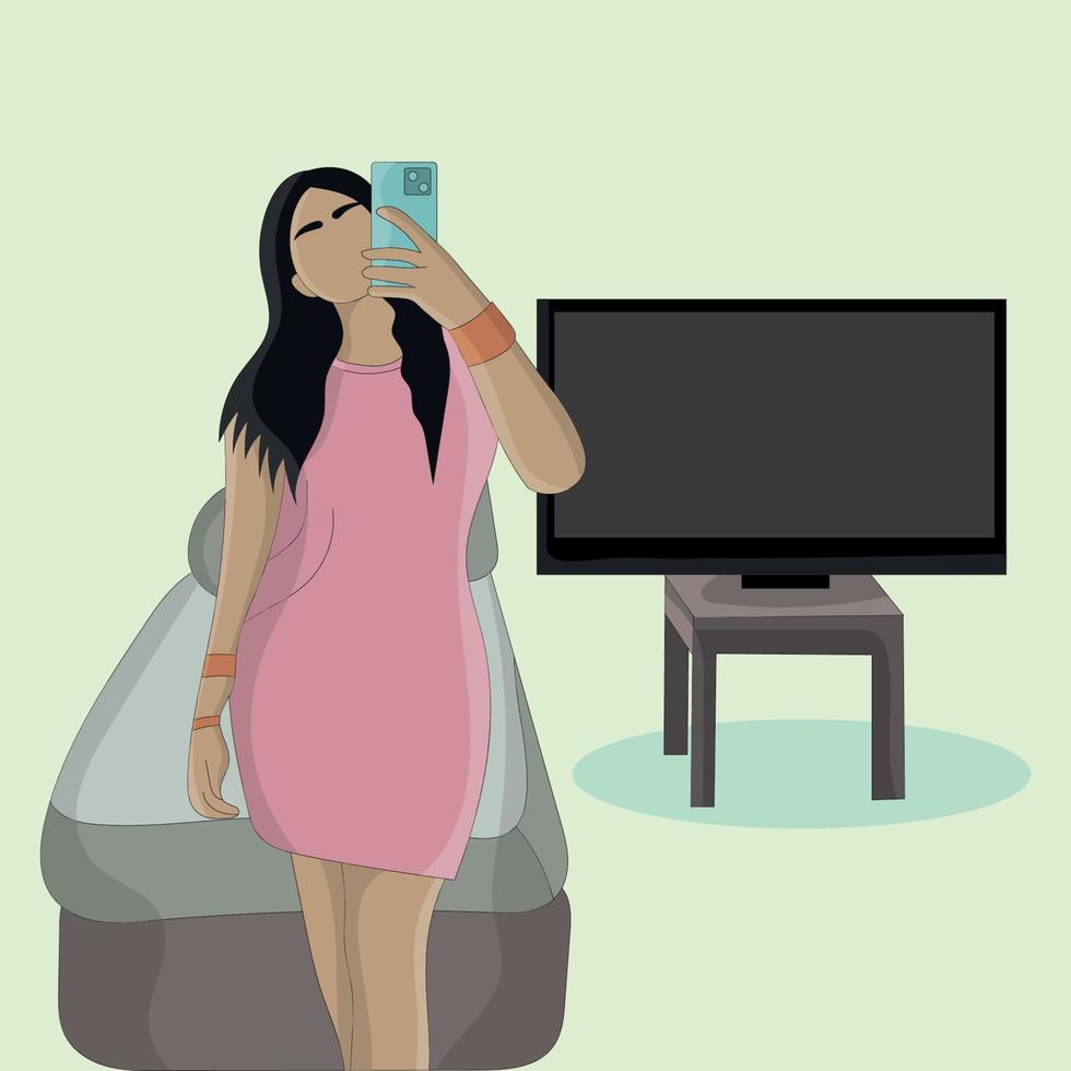 Flat design of pretty girl in pink dress taking mirror selfie vector