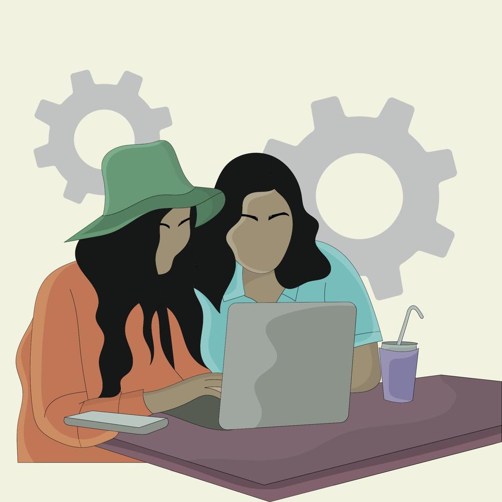 Flat design of two girls looking at laptop computer vector