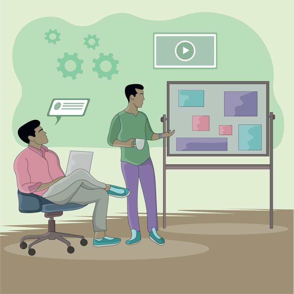 Flat design of two discussing men using a notice board vector