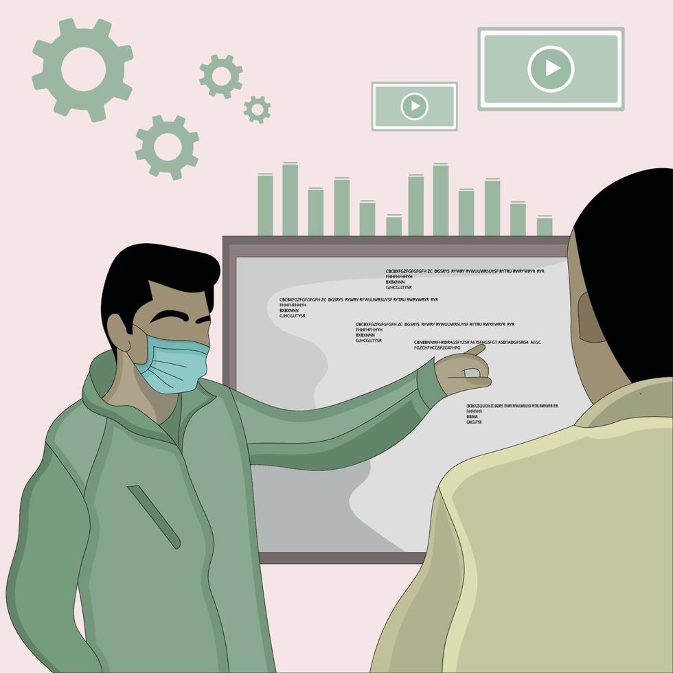 Flat design of two discussing men using a digital board vector