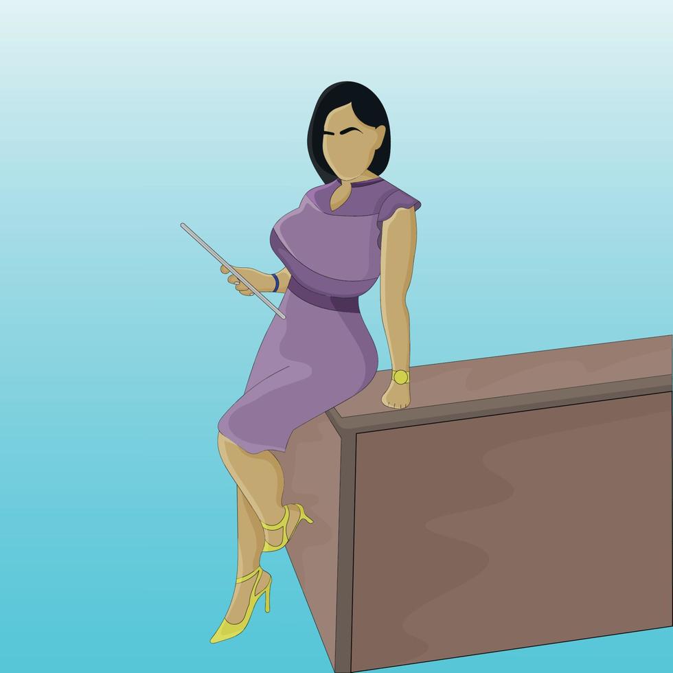 A woman in a purple dress leaning against a table vector