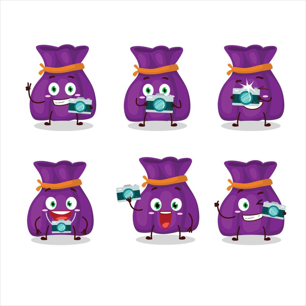 Photographer profession emoticon with purple candy sack cartoon character vector