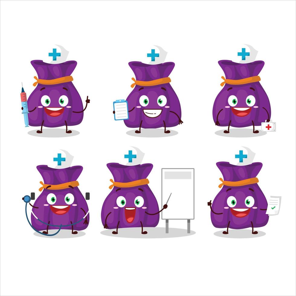 médico profesión emoticon con púrpura caramelo saco dibujos animados personaje vector