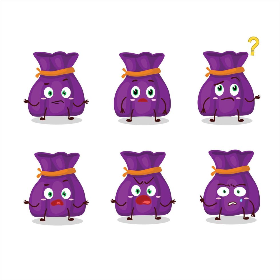 Cartoon character of purple candy sack with what expression vector