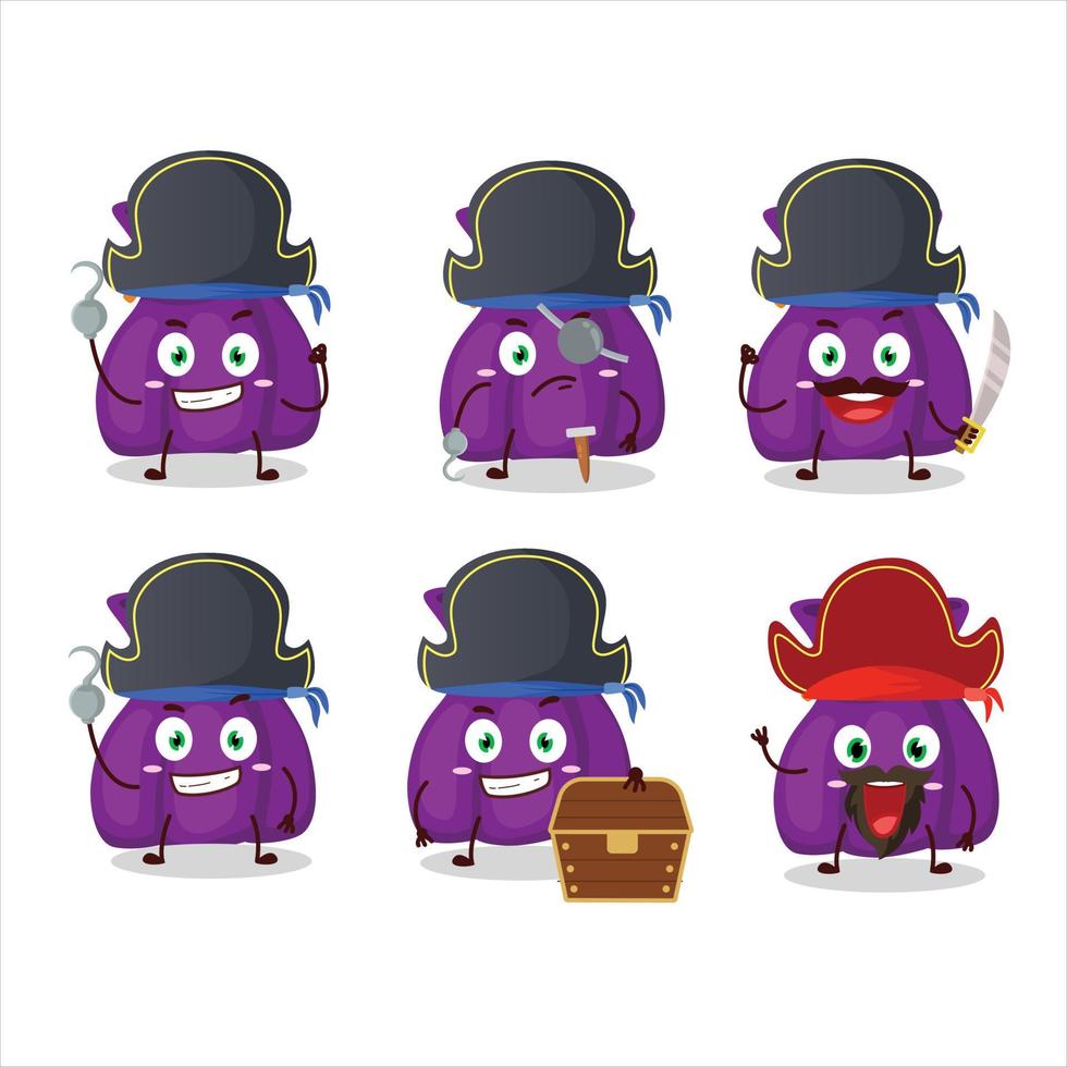 dibujos animados personaje de púrpura caramelo saco con varios piratas emoticones vector