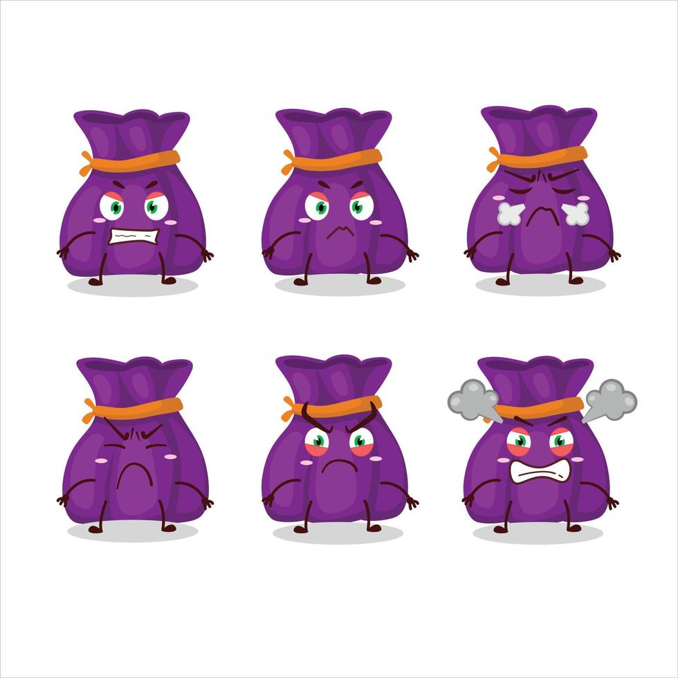 Purple candy sack cartoon character with various angry expressions vector