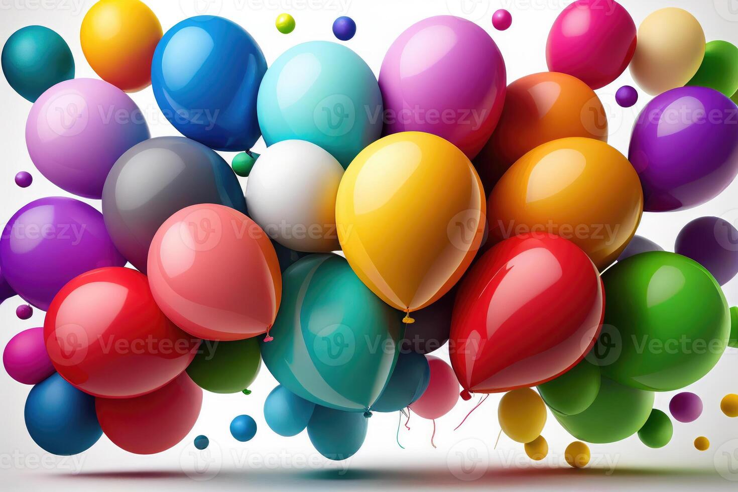 A bunch of colorful balloons flying in the air on white background. . photo