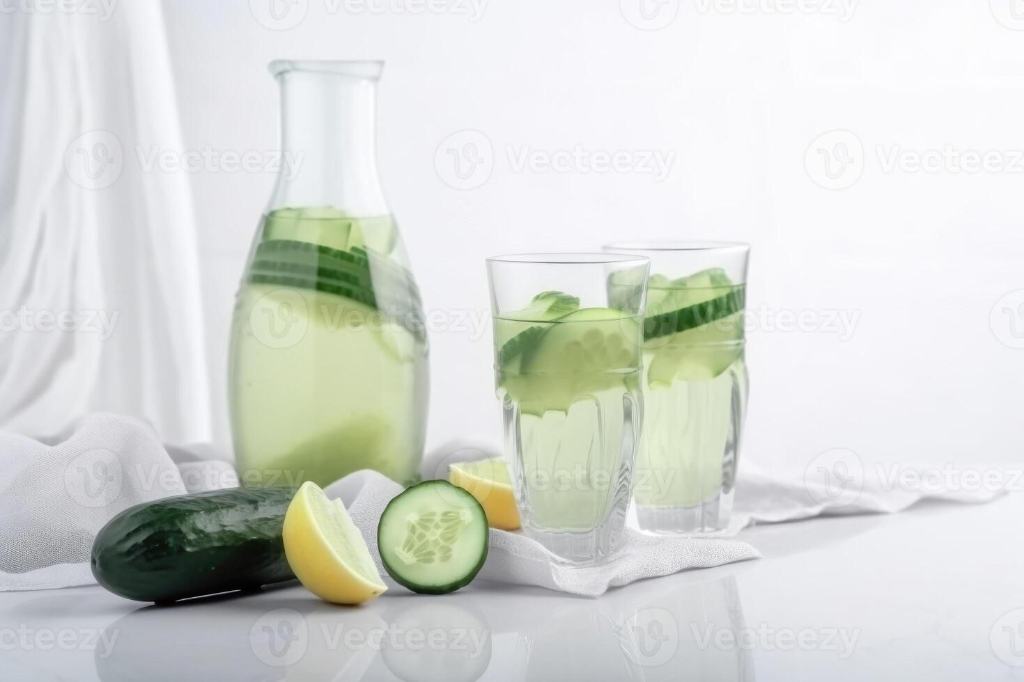 Homemade healthy lemonade with fresh cucumber and lemon for healthy breakfast on white kitchen background. . photo