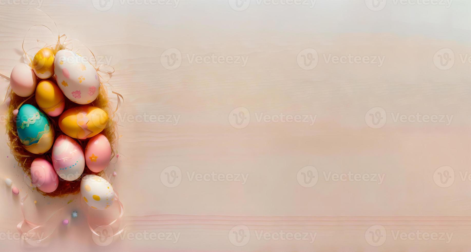 Easter eggs painted in pastel colors on a wooden background. photo