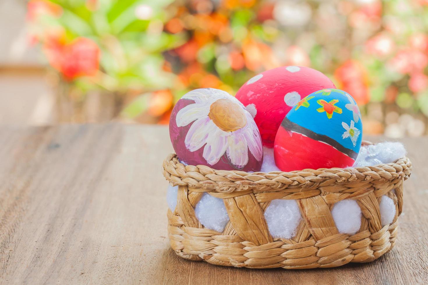 easter egg in basket on wood photo