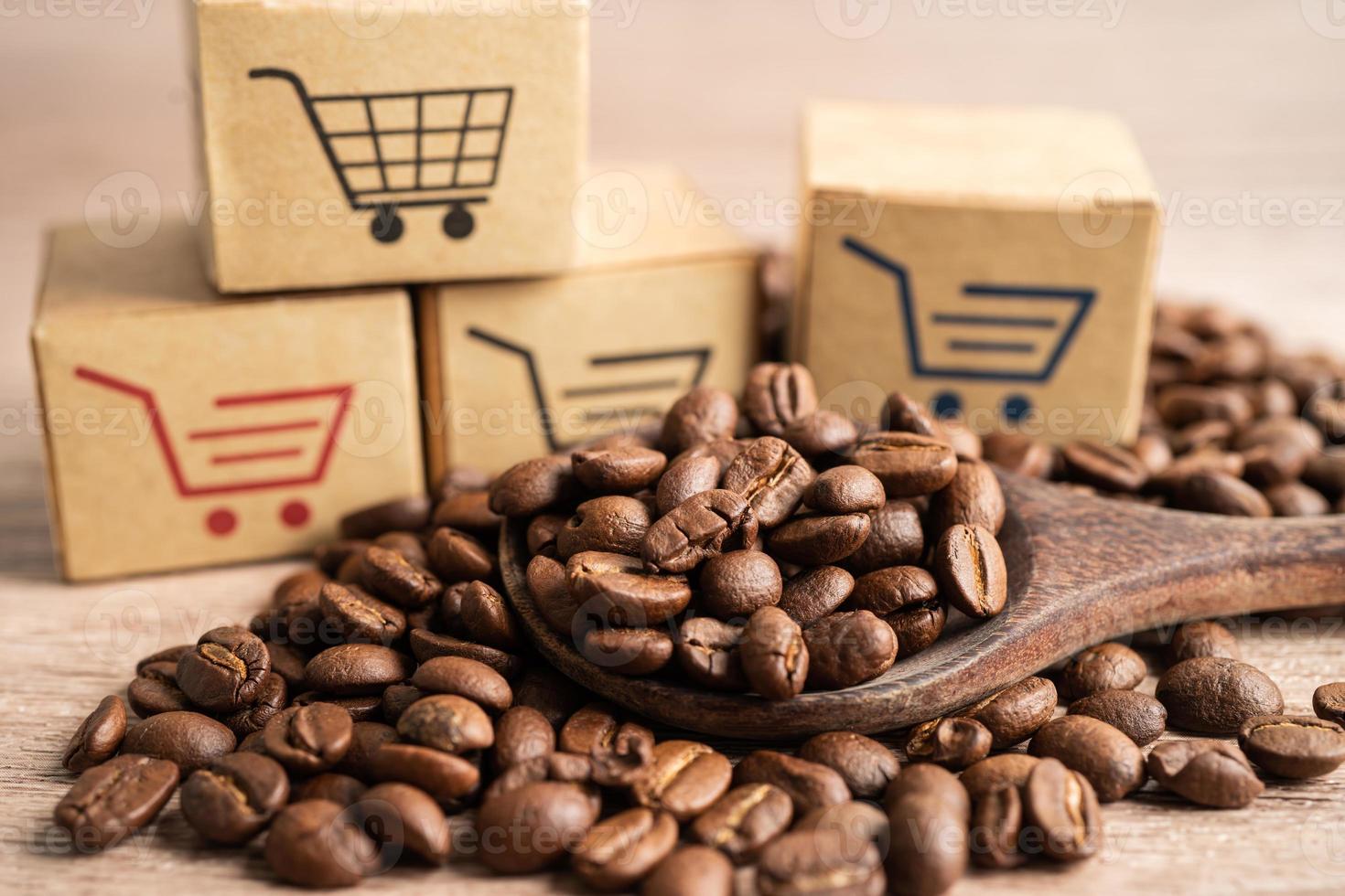 Box with shopping cart logo symbol on coffee beans, Import Export Shopping online or eCommerce delivery service store product shipping, trade, supplier concept. photo