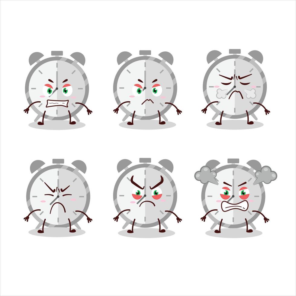Alarm clock cartoon character with various angry expressions vector