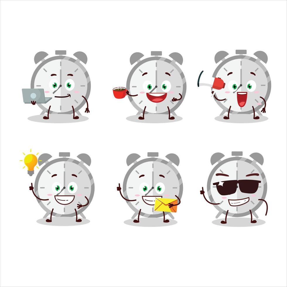 Alarm clock cartoon character with various types of business emoticons vector