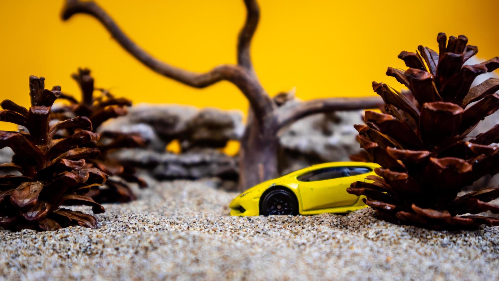 Minahasa, Indonesia  saturday, December 2022, a toy car among the pinecones photo