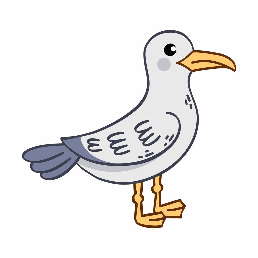 Seagull on white background. Cute illustration for children book. Cartoon style drawing. vector