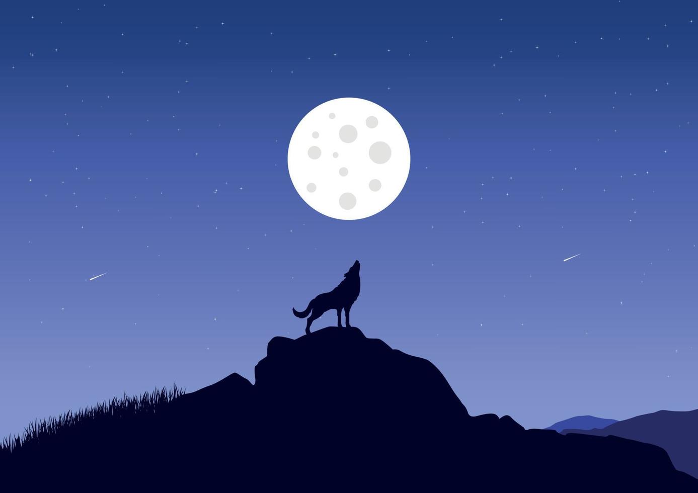 Wolf silhouette at full moon, vector design.