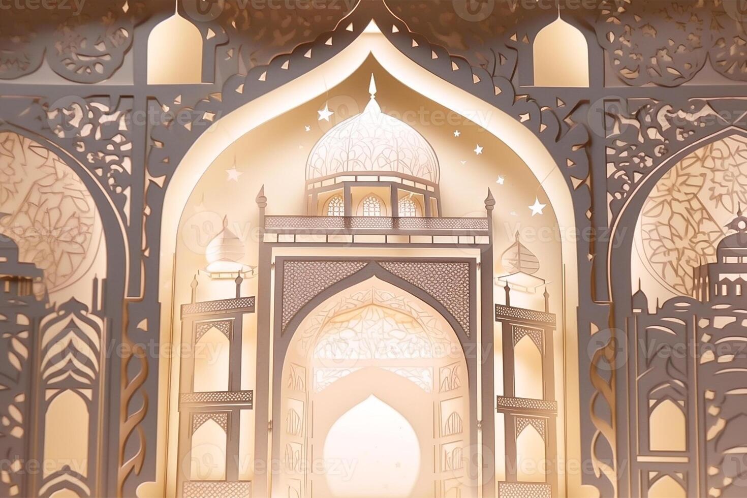 Islamic ramadan background in papercut style. Eid al fir paper craft background. . photo
