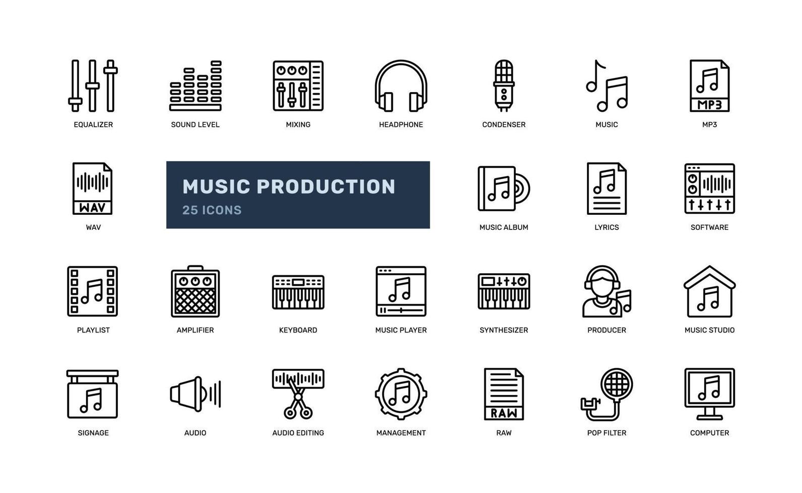 music production or sound engineer studio music making detailed outline line icon set vector
