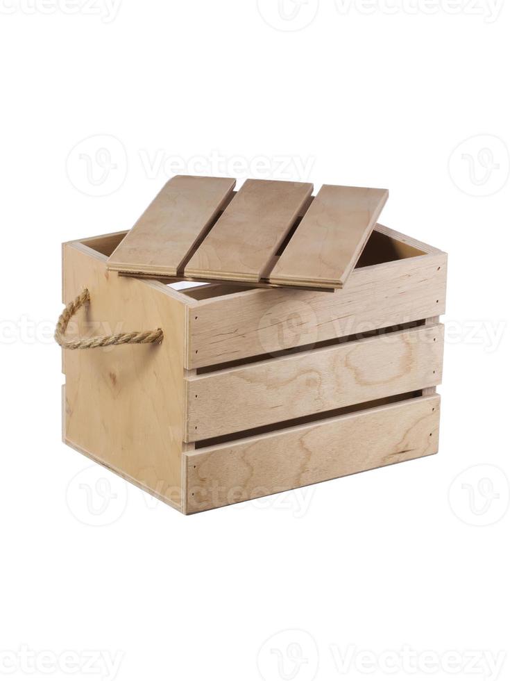 Wooden box of boards with ajar lid with rope handles. Storage container