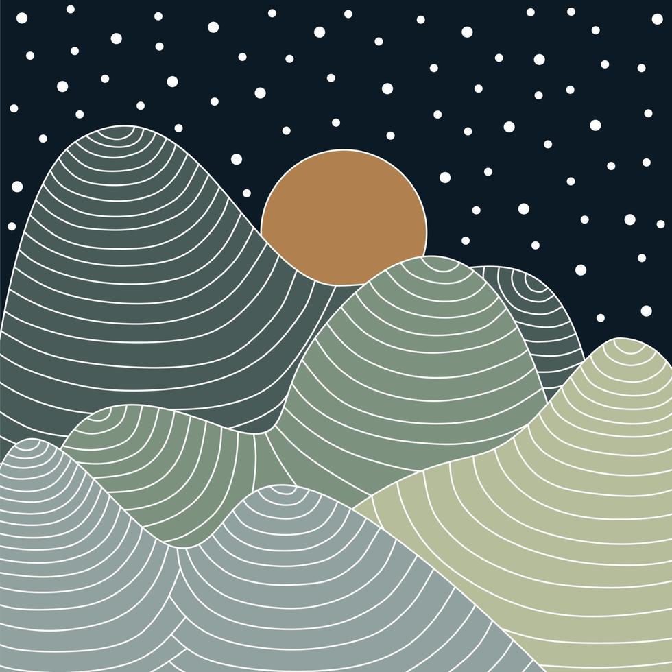 Wave line art landscape background. Abstract mountains banner design pattern. Night sky with stars and moon. vector