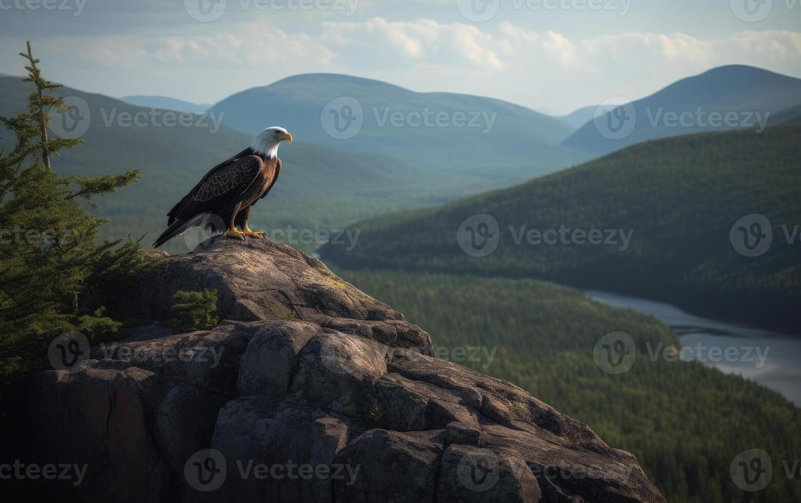 Bald Eagle perched a top rocky cliff with mountain background. photo