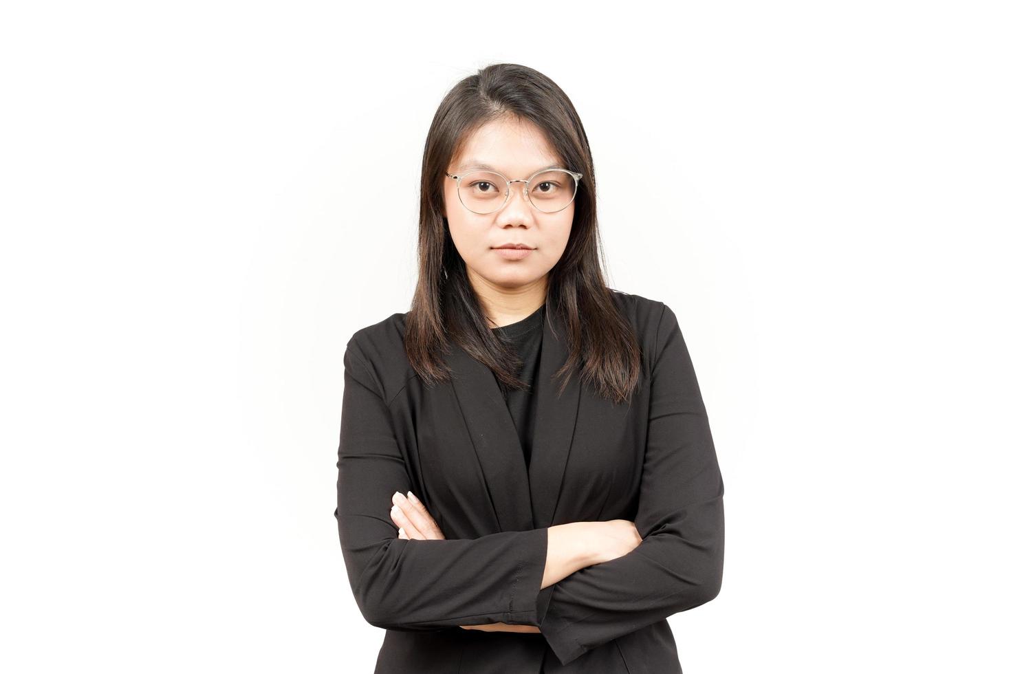 Smile and Looking to Camera Of Beautiful Asian Woman Wearing Black Blazer Isolated On White photo