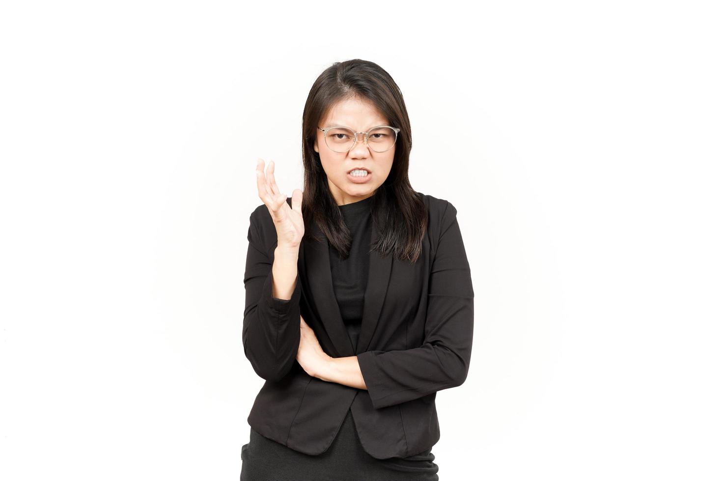 Angry Gesture Of Beautiful Asian Woman Wearing Black Blazer Isolated On White Background photo