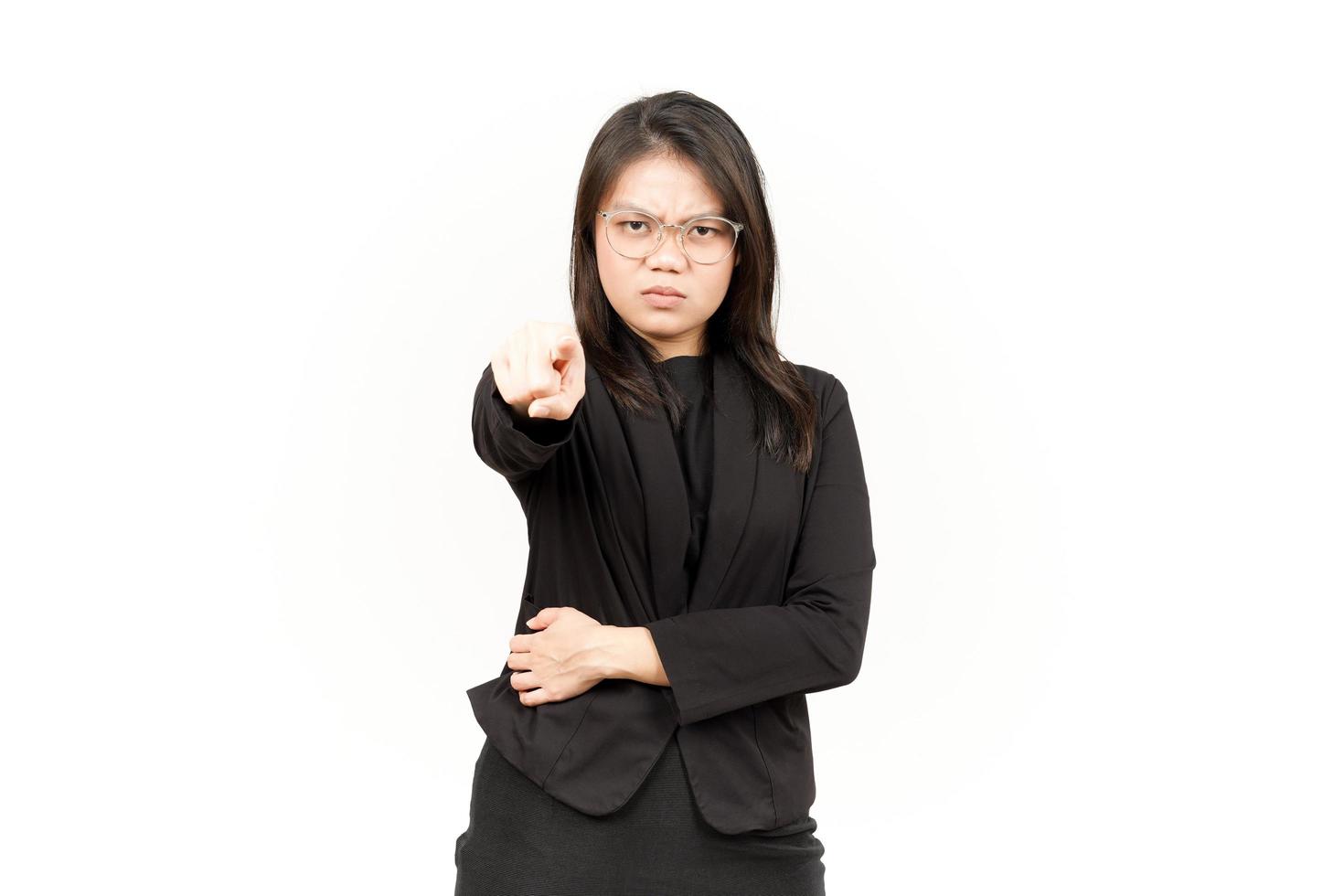 Angry and Pointing to Camera Of Beautiful Asian Woman Wearing Black Blazer Isolated On White photo