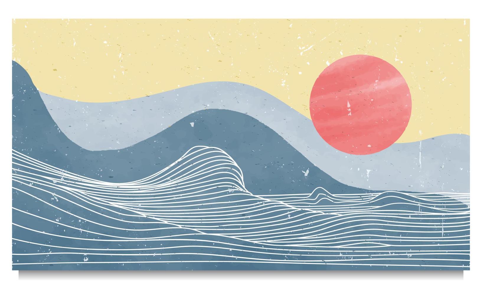 Creative minimalist hand painted illustrations of Mid century modern art. Natural abstract landscape background with line art. mountain, ocean wave and sun vector