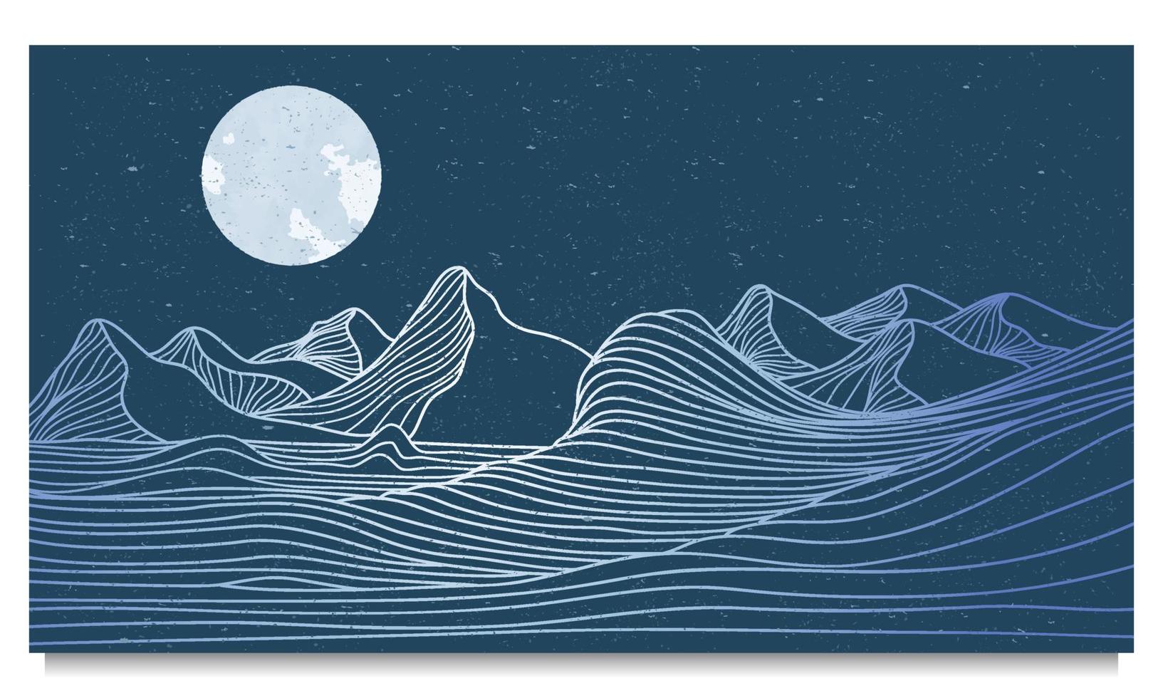 Oceano ola paisaje. creativo minimalista moderno línea Arte impresión. resumen contemporáneo estético antecedentes paisajes con Oceano ola, montaña y luz de la luna. vector ilustraciones