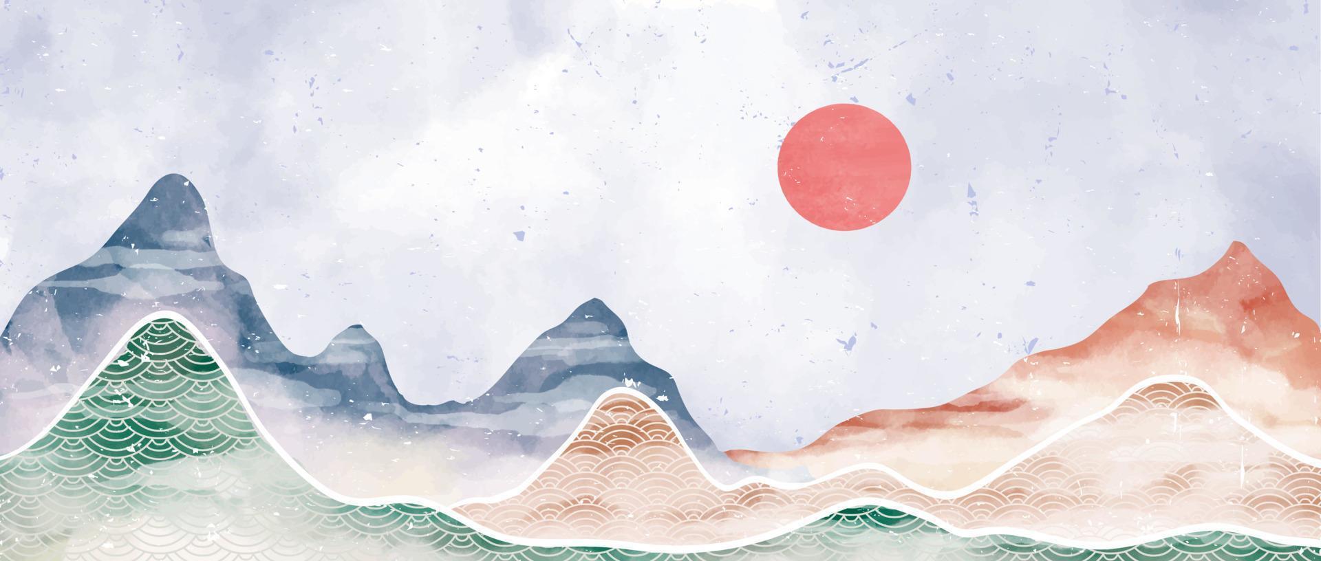 Mountain landscape watercolor painting. Natural abstract landscape background asian style. with mountains, hills, skyline and sun. vector illustration