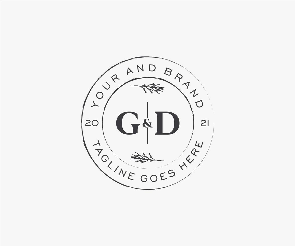 initial GD letters floral frames. Botanical feminine editable premade monoline unique decoration for greeting card, wedding invitation. vector