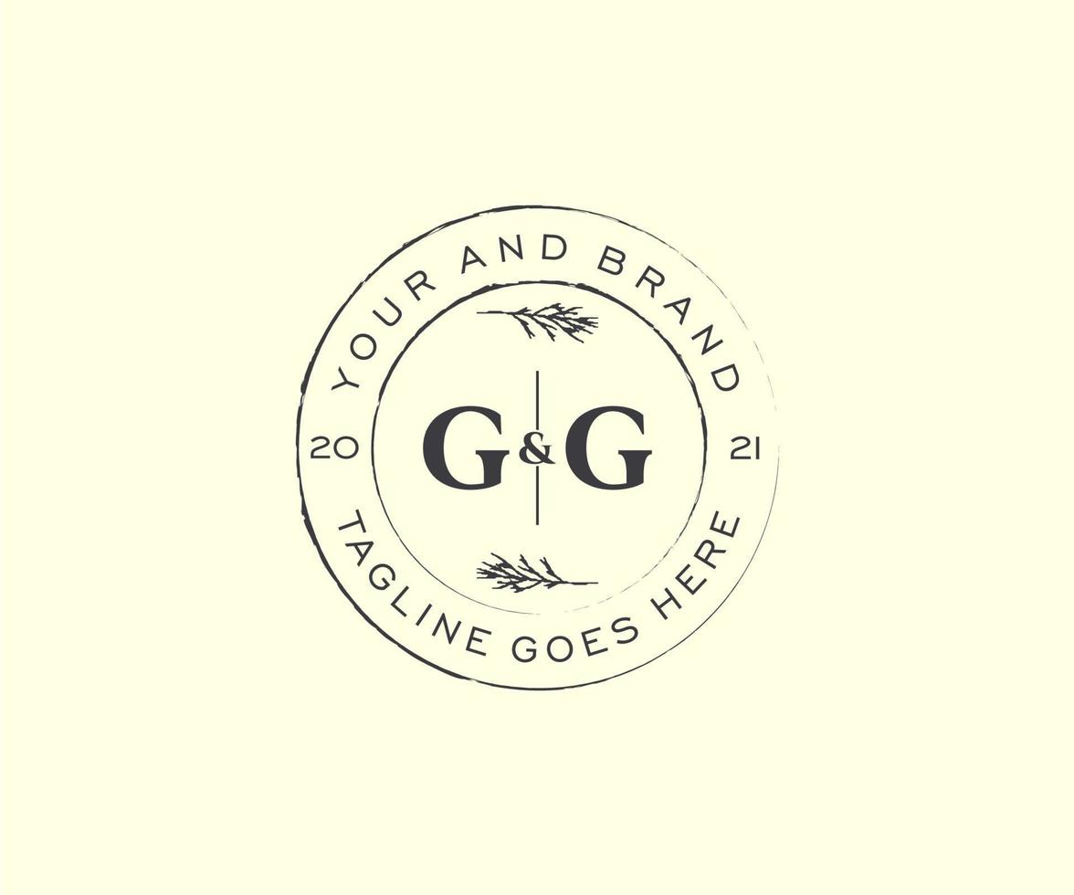 initial GG letters floral frames. Botanical feminine editable premade monoline unique decoration for greeting card, wedding invitation. vector