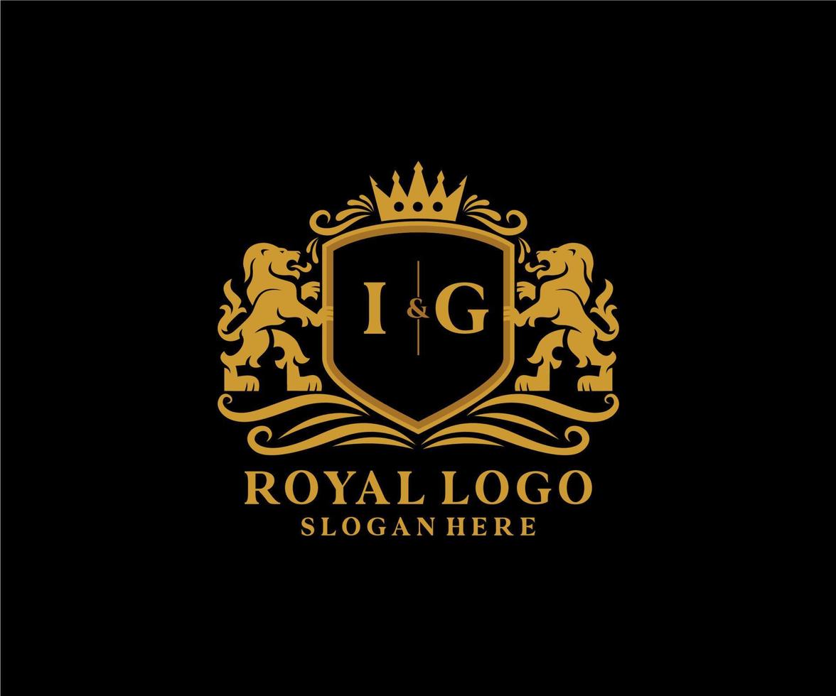 Initial IG Letter Lion Royal Luxury Logo template in vector art for Restaurant, Royalty, Boutique, Cafe, Hotel, Heraldic, Jewelry, Fashion and other vector illustration.