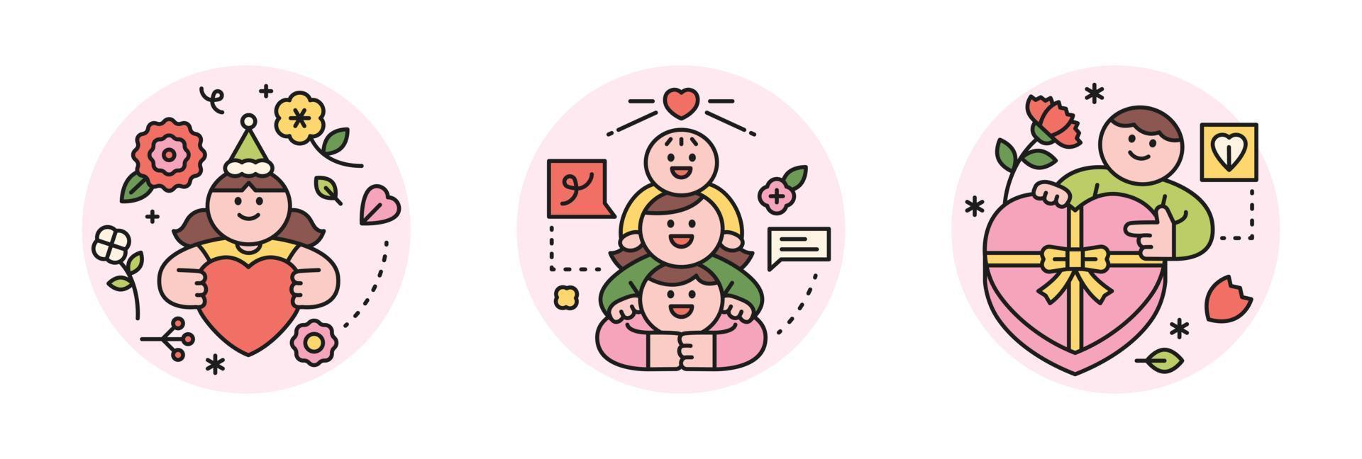 family month. People who appreciate their parents and love their children. A character holding a heart and wearing a cone hat. her daddy mommy baby stacked cute Heart gift box. vector