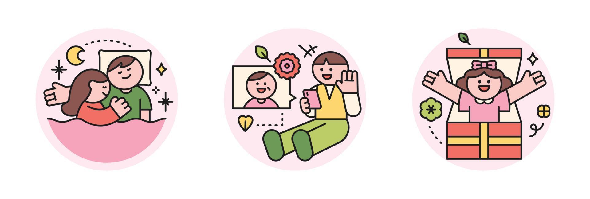 family month. People who appreciate their parents and love their children. Couple sleeping with arm pillows. A cute character making a video call on Parents' Day and giving a surprise gift. vector