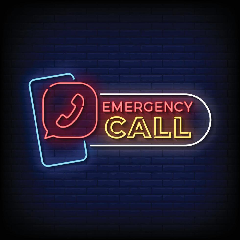 Neon Sign emergency call with brick wall background vector