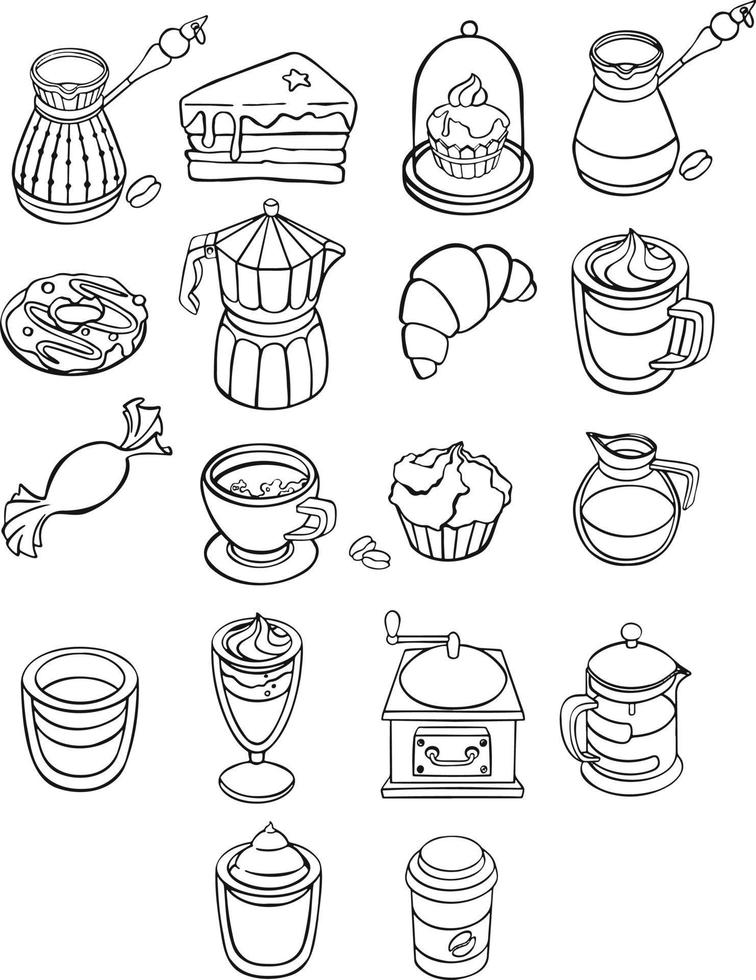 Set of various cups with tea or coffee, coffee pots, teapots.   vector line