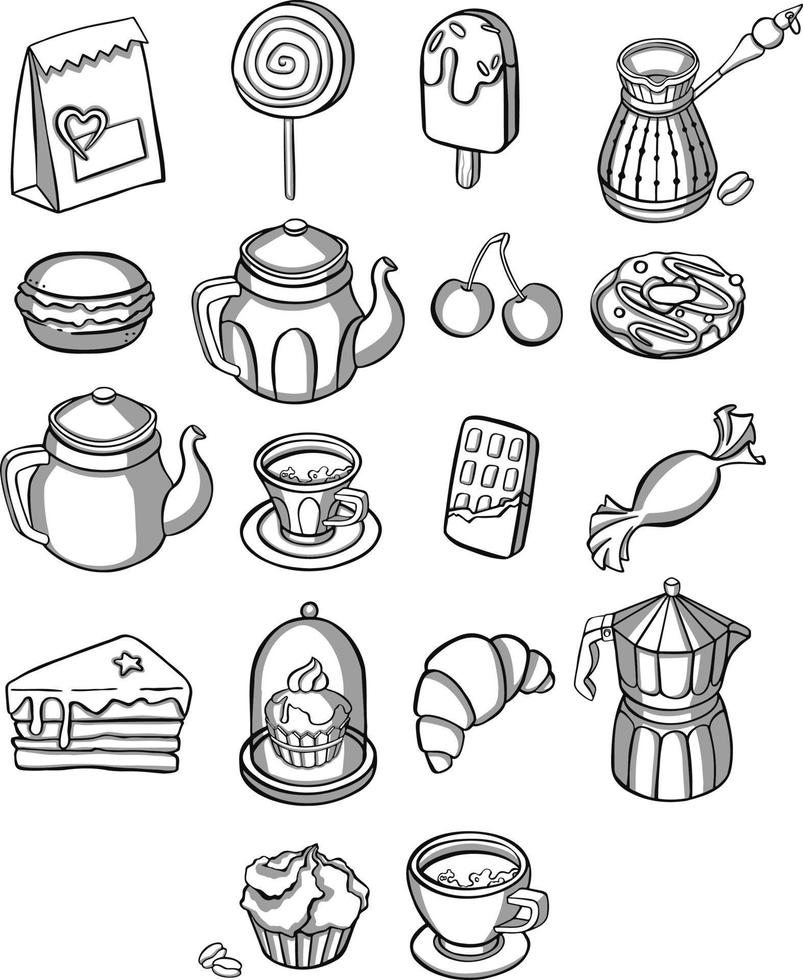 Set of various cups with tea or coffee, coffee pots, teapots.   vector line
