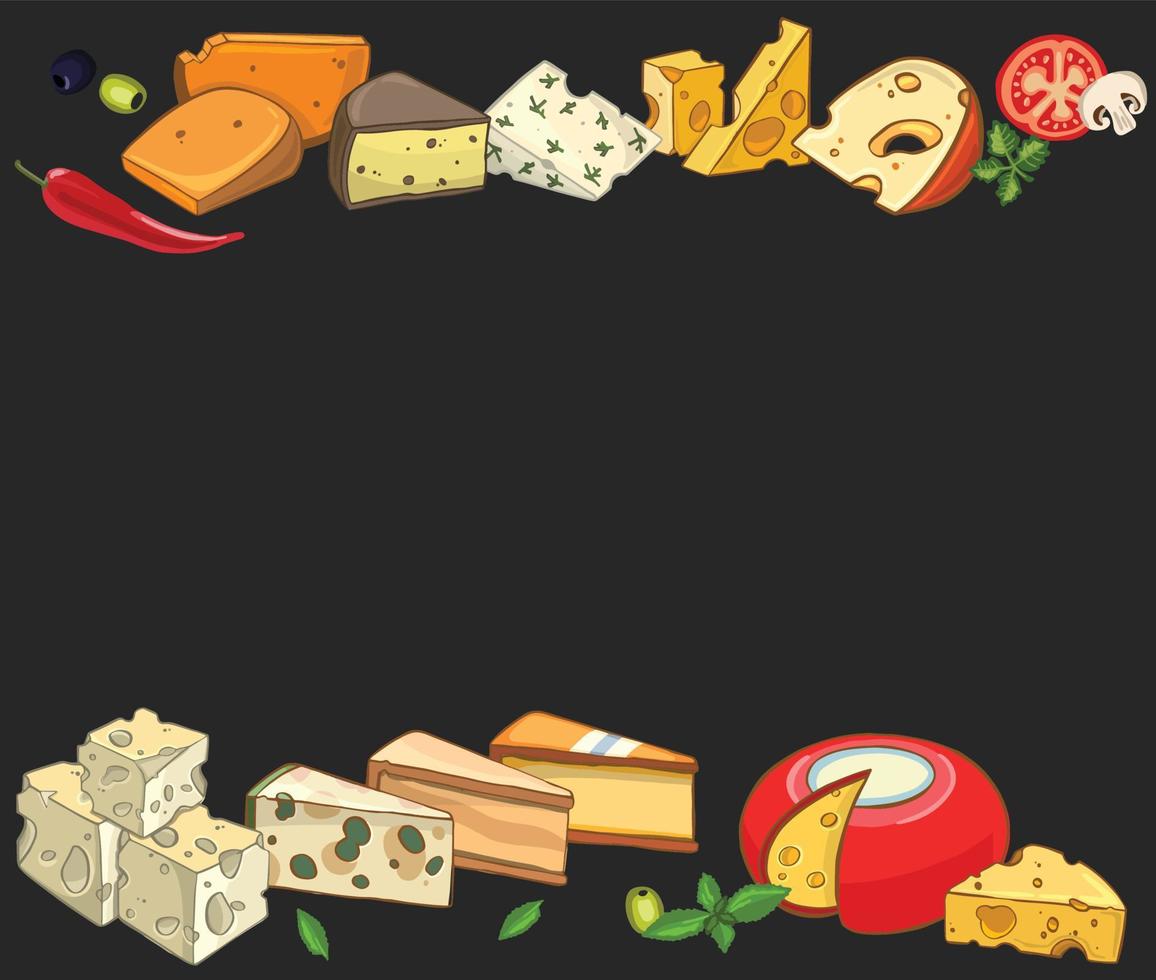 colección de quesos. fondo dibujado a mano con diferentes tipos de queso. vector