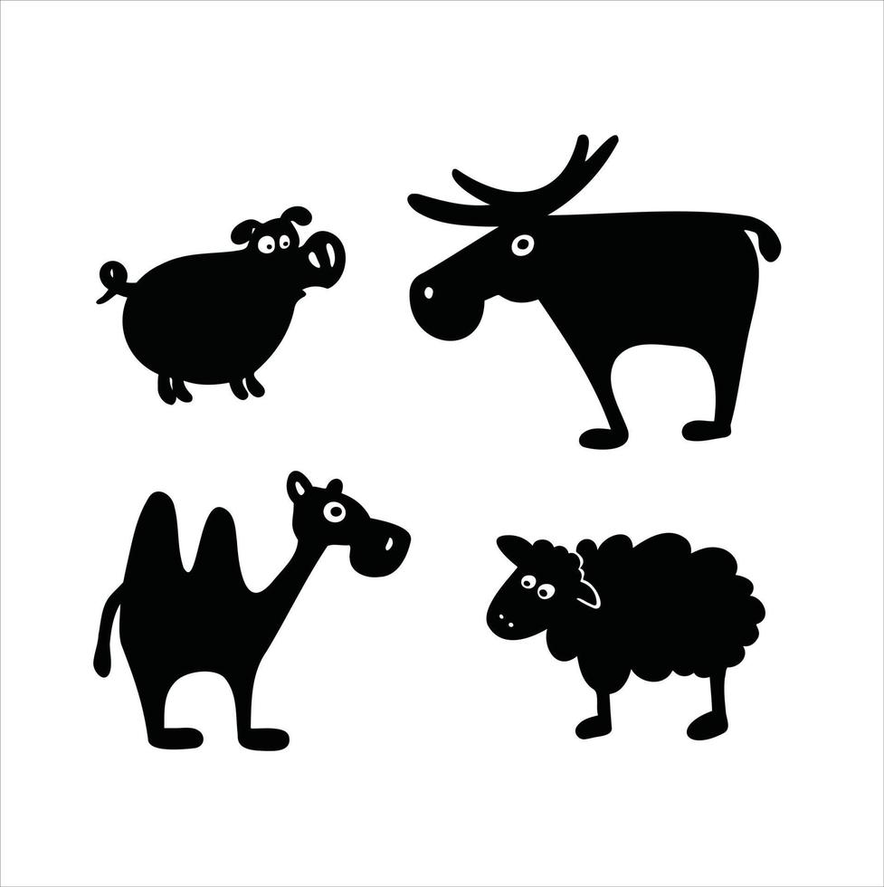 cartoon silhouette set of domestic and farm animals vector illustration