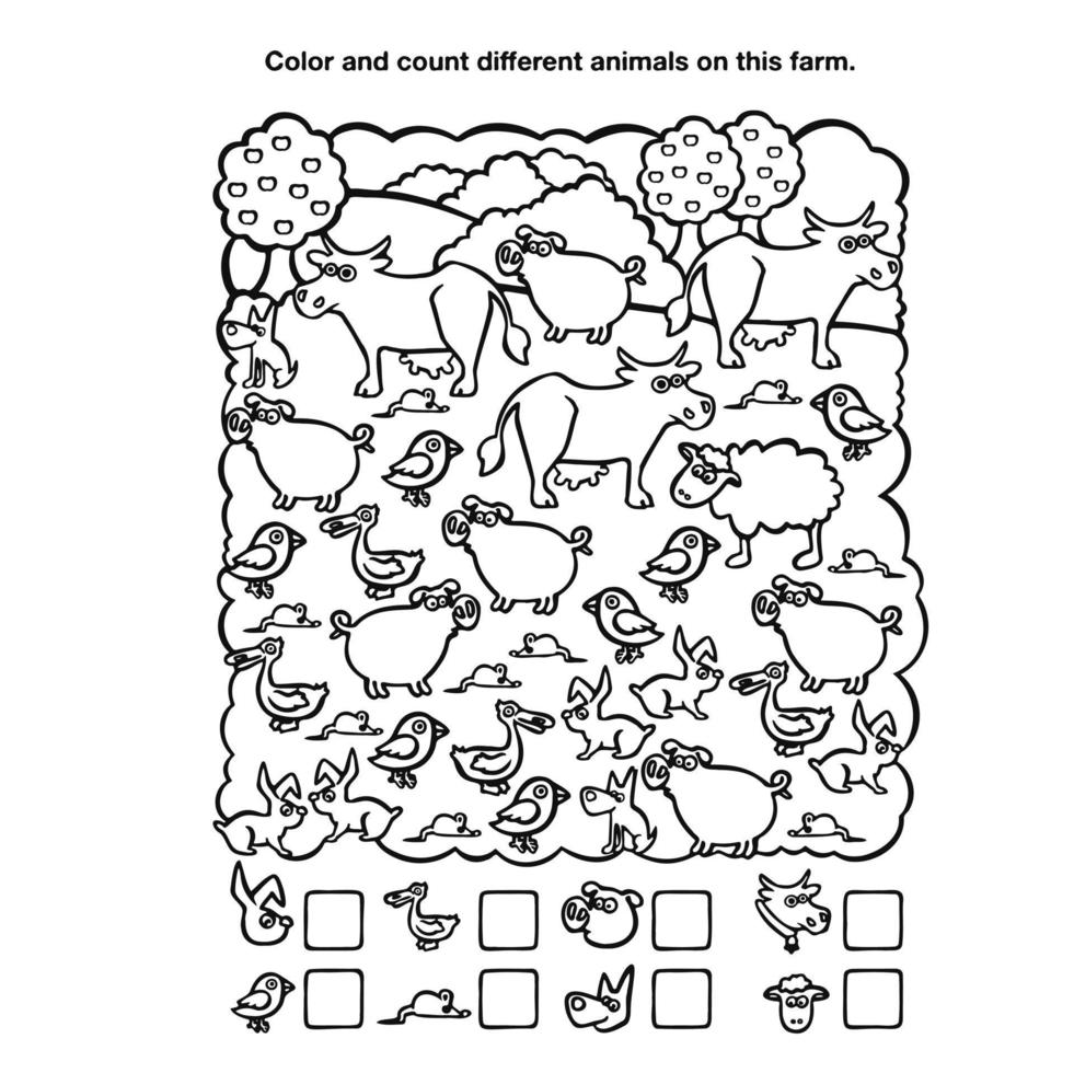 contar animales para niños, colorante libro vector